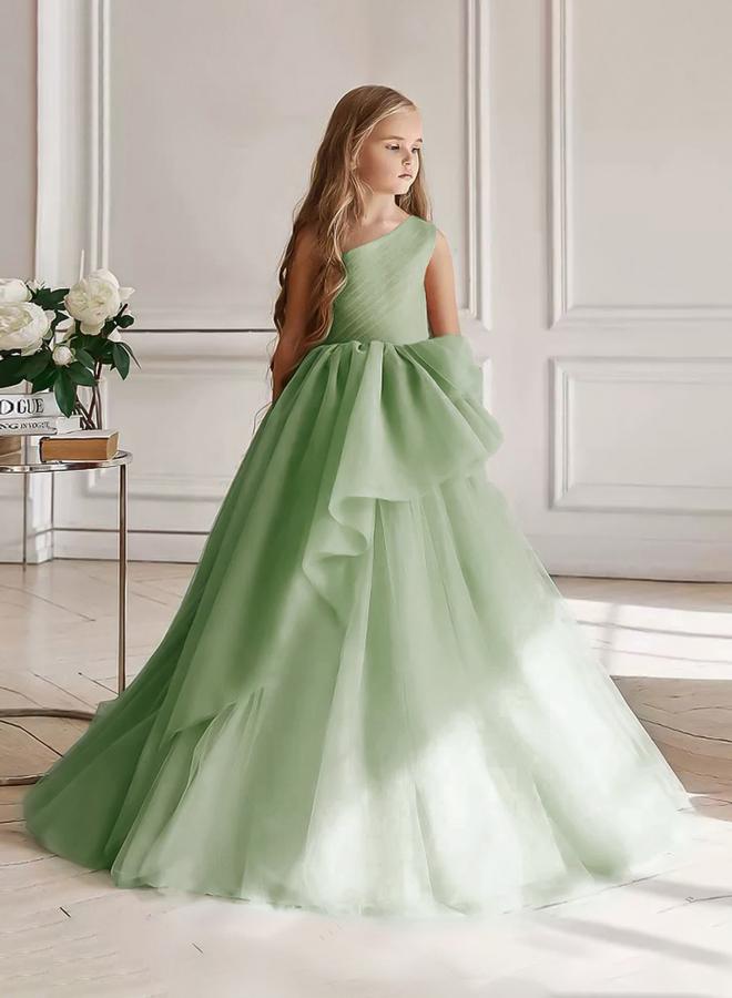 تايك تو فستان طويل بناتي شبكي أخضر بكتف واحد - Image 1